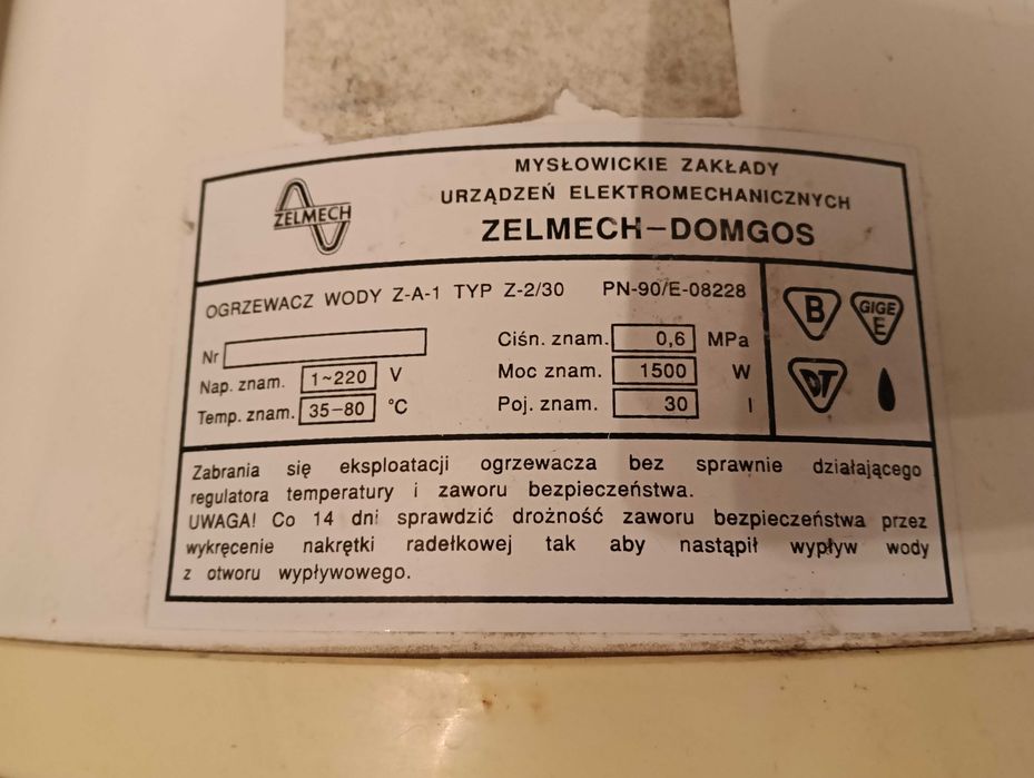 Ogrzewacz wody zelmech 30 l elektryczny