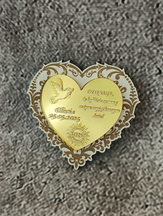 Podziękowanie dla gości Pierwsza Komunia serce ażur plexi magnes