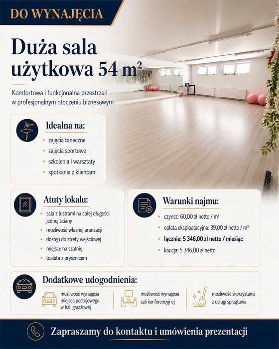 Lokal użytkowy do wynajęcia – sala 54 m²