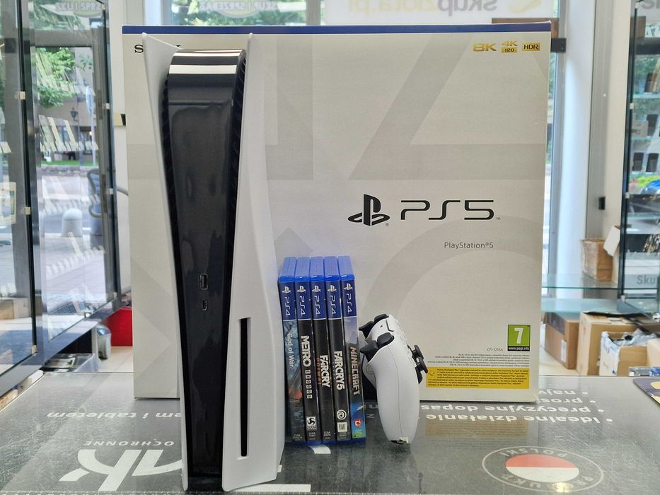 PS5 FAT 825GB (CFI-1216A)/ wersja z napędem/ +dualsense/ +5 gier/ Grade A/ Gwarancja 12 MSC/ Playstation 5