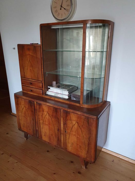 Fornirowany kredens z nadstawką, regał, witryna, PRL, midcentury