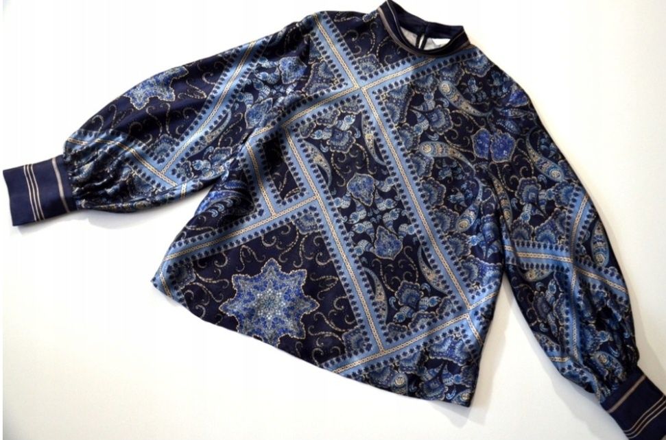H&M bluzka z satyny z bufkami piękny wzór r 42-44