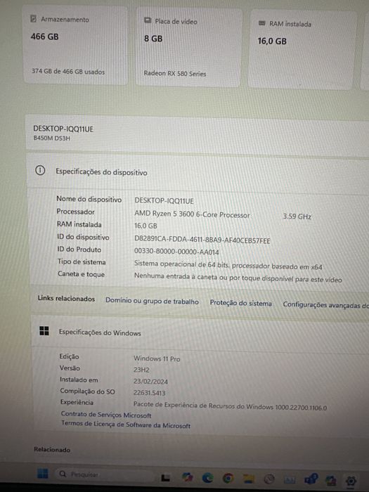 Computador Fixo Ryzen 5/16Gb/Rx580/500GB