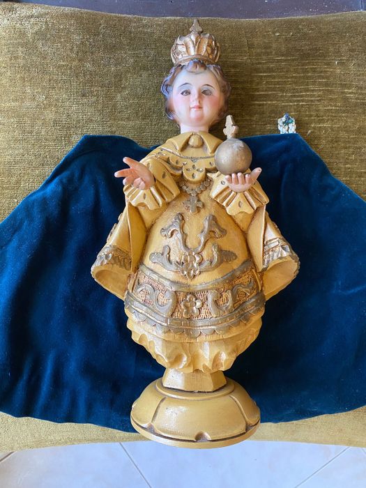 Menino Jesus Salvador do Mundo Madeira Antigo 35 cm