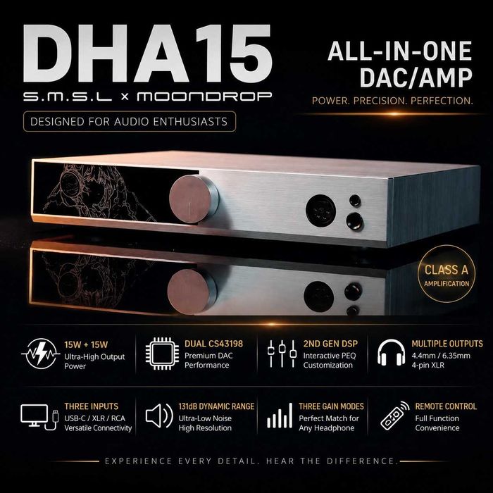 ‼️ MOONDROP x S.M.S.L DHA15 - настольный ЦАП усилитель для наушников DAC AMP,  Dual CS43198