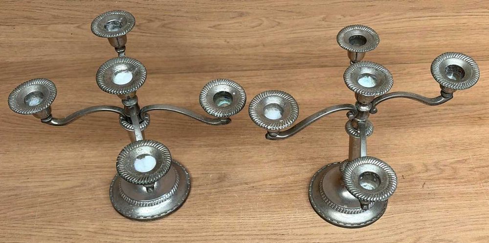 Candelabro, castiçais (par), castiçais veleiros de 5 luzes antigos em metal