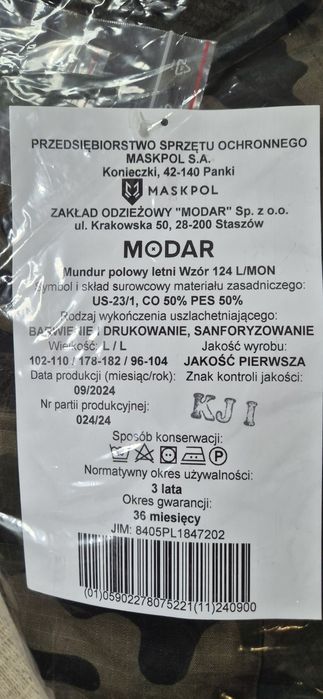 MODAR mundur polowy letni L/L 124L/Mon