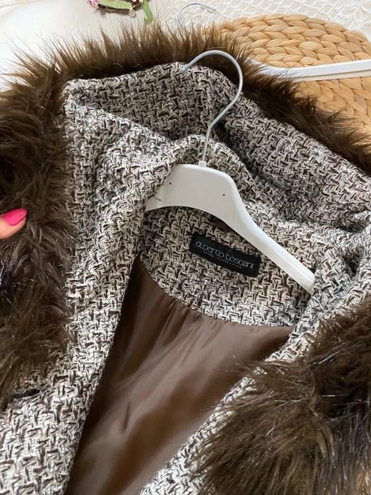 Alberto Toscani włoski futro wełniany płaszcz wełna pepitka z kapturem