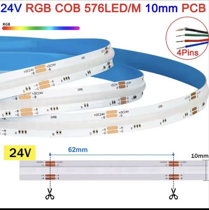 24V RGB COB 576 LED 10mm 4pin - 5метрів
