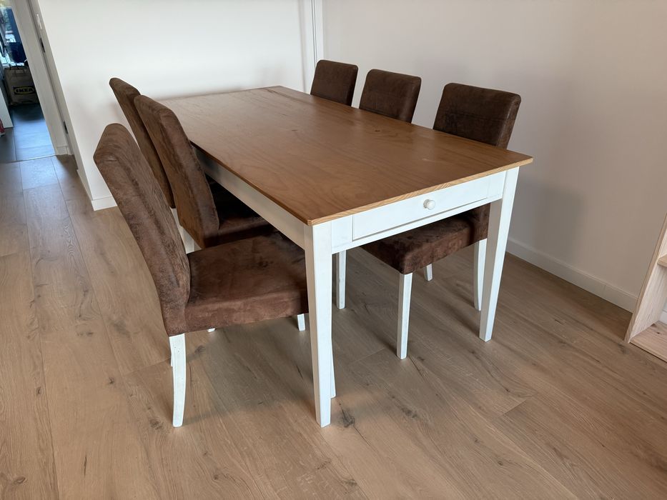 Conjunto Mesa de Jantar Madeira Maciça + 6 Cadeiras Estilo Industrial