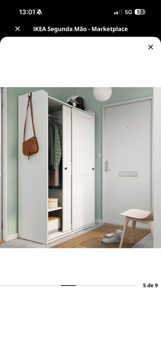 Roupeiro c/portas deslizantes, branco, 118x55x199 cm · Como novo