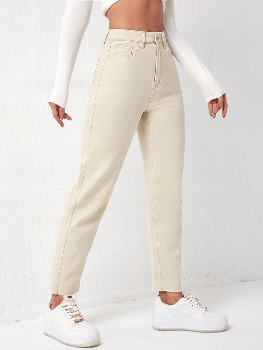 Jeansy Mom Fit Beżowe Wysoki Stan Casual Shein L 40