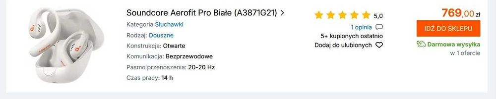Słuchawki BT SOUNDCORE AEROFIT PRO WHIT LDAC Open Air Hi-Res 24Bit /96kHz Sportowe nawet do 14 godzin na jednym ładowaniu