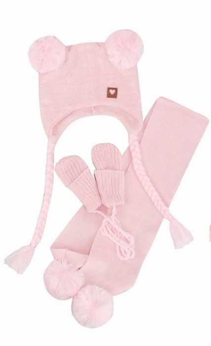 Komplet różowy Zyzio&Zuzia czapka, szalik i rękawiczki podwójny