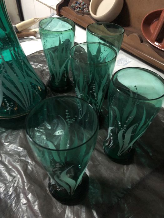 Conjunto de jarro e copos + copos de brandy e garrafa cristal d’arques