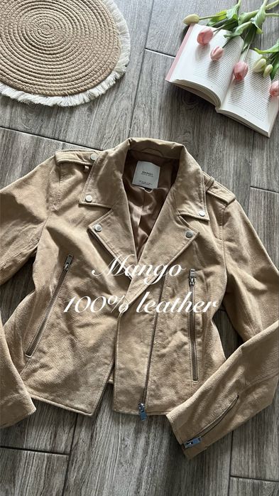 Kurtka beżowa ramoneska Mango M/38 100% skóra casual na jesień