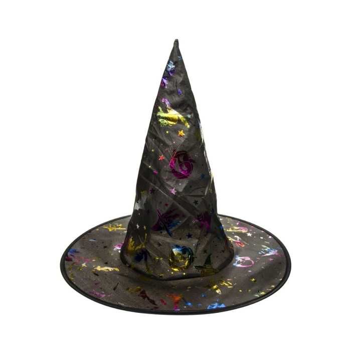 Kapelusz wiedźmy z tęczowymi wzorami