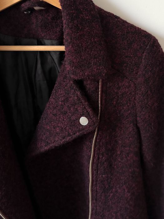 Wełniana ramoneska kurtka burgundowa wełna H&M 36 S boucle kieszenie