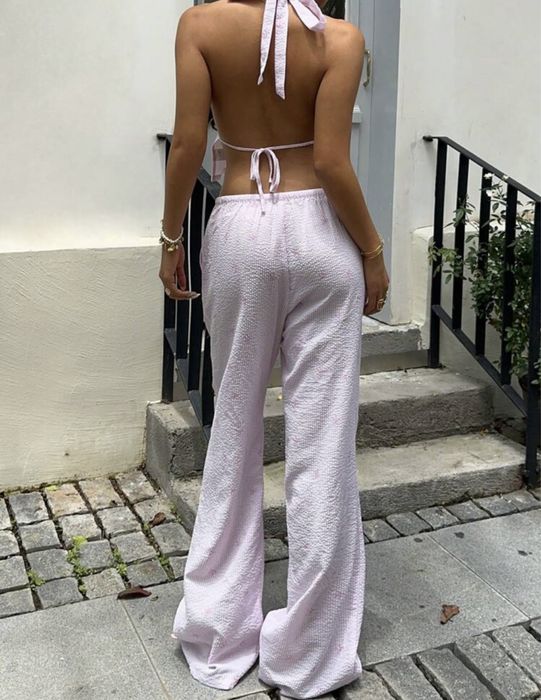 смугастим бантом Принтований топ з тканини з рюшами,