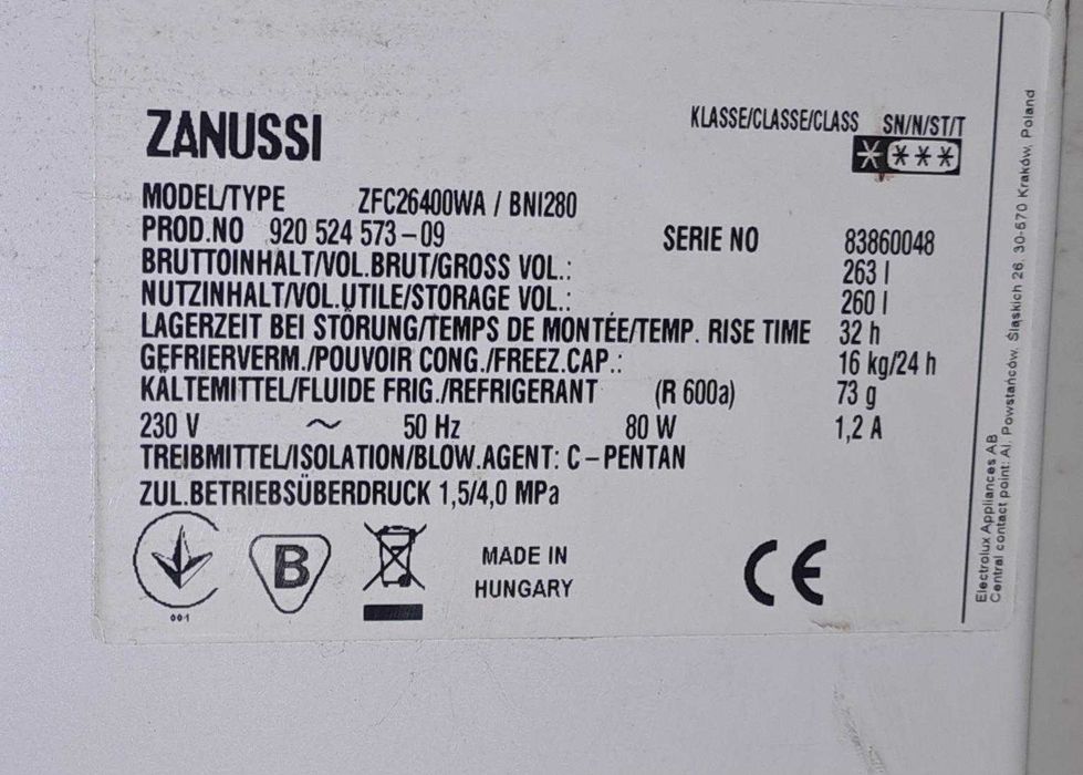 Arca Congeladora Horizontal de 260 litros ZANUSSI