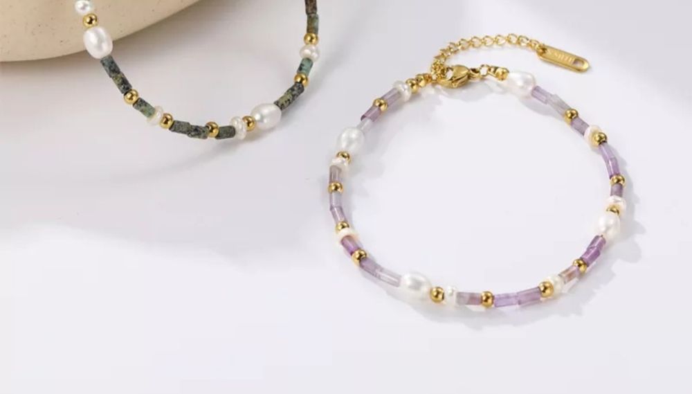 Fioletowa bransoletka agat perła stal