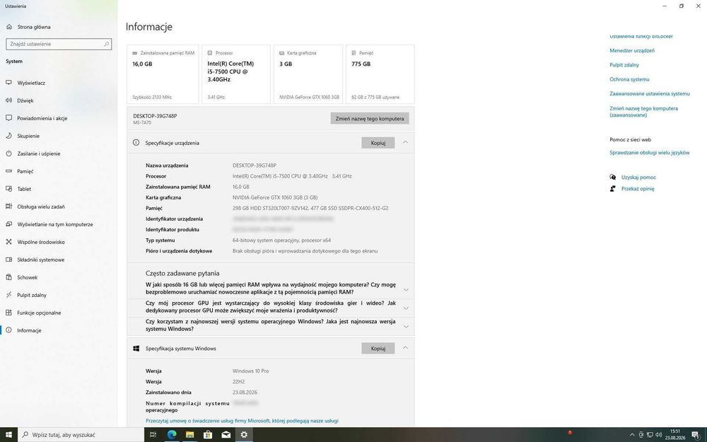 Komputer i5-7500 / 16 GB RAM / GTX 1060 3GB / SSD + HDD