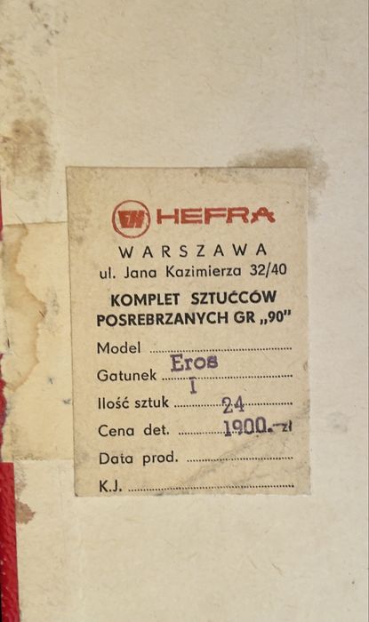 HEFRA komplet sztućców posrebrzanych Eros