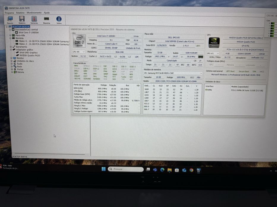 Dell Precision 3551 core i7 Nvidia Quadro 32G SSD 512GB