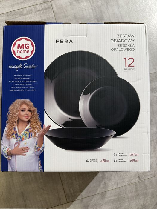 Nowy czarny zestaw obiadowy MG Magda Gessler Fera 12 el. Ze szkla opalowego