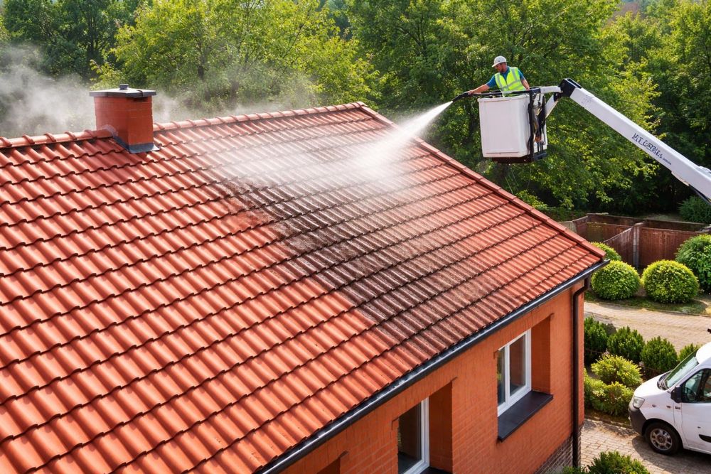 Mycie dachów z podnośnika koszowego | Czyszczenie dachówki