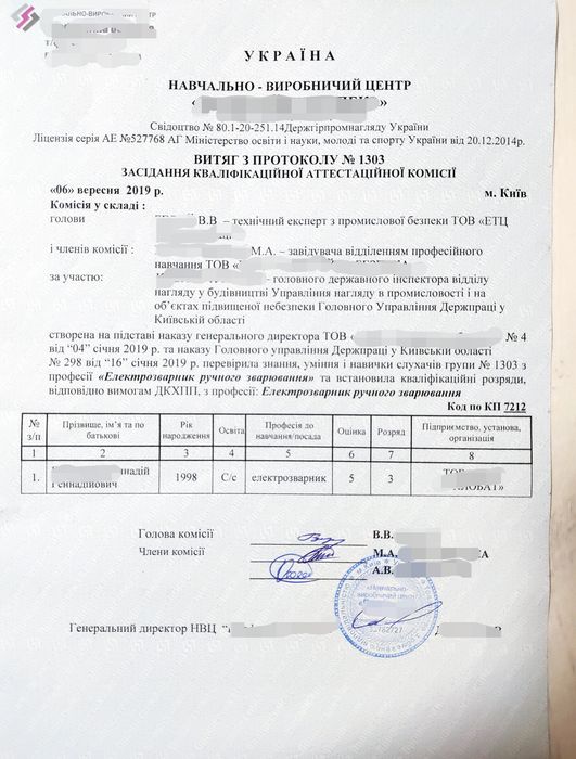 Навчання професій та охорони праці посвідчення