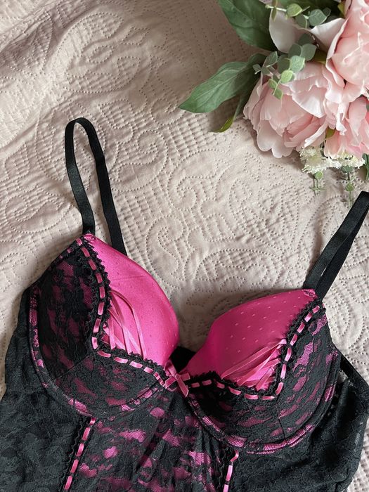 Top bieliźniany halka czarny różowy koronka kokardki coquette h&m