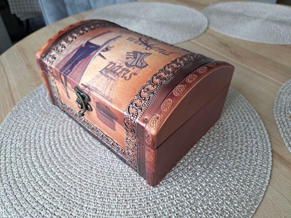 Kuferek MDF decoupage paryż brązowy skrzynka pojemnik kontener