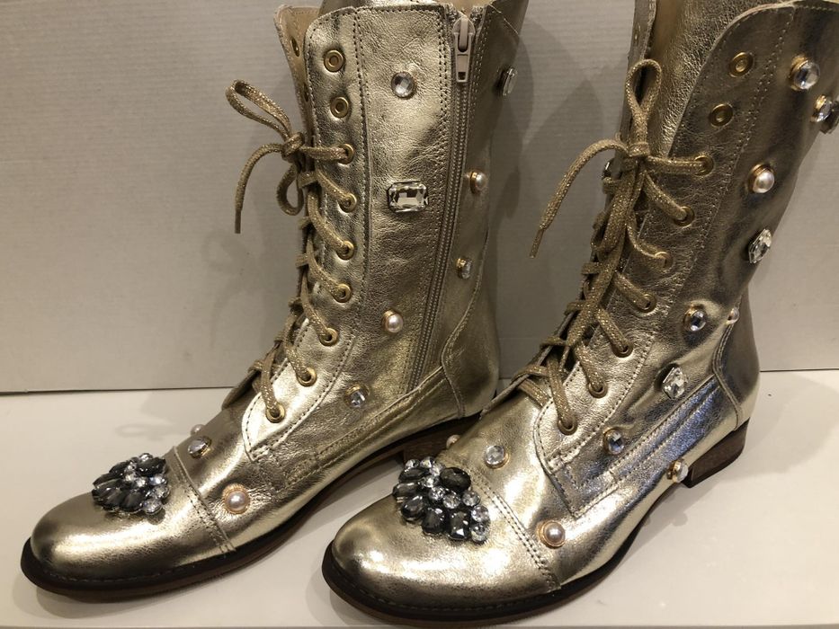 Eleganckie botki złote naturalna skóra ozdoby