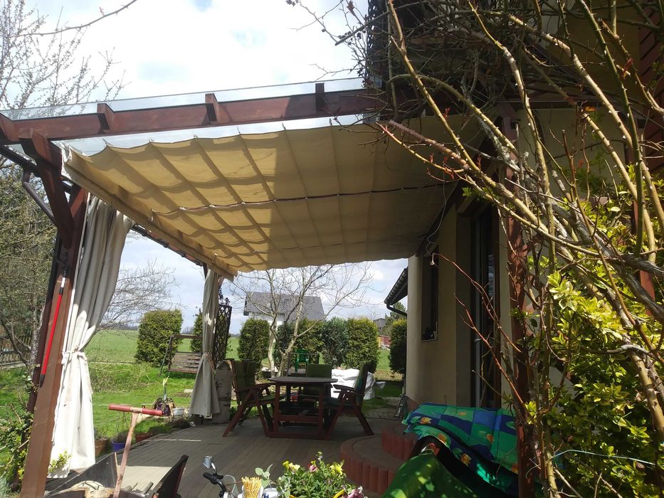Zadaszenie materiałowe, roleta rzymska, pergola, żagiel, zasłony
