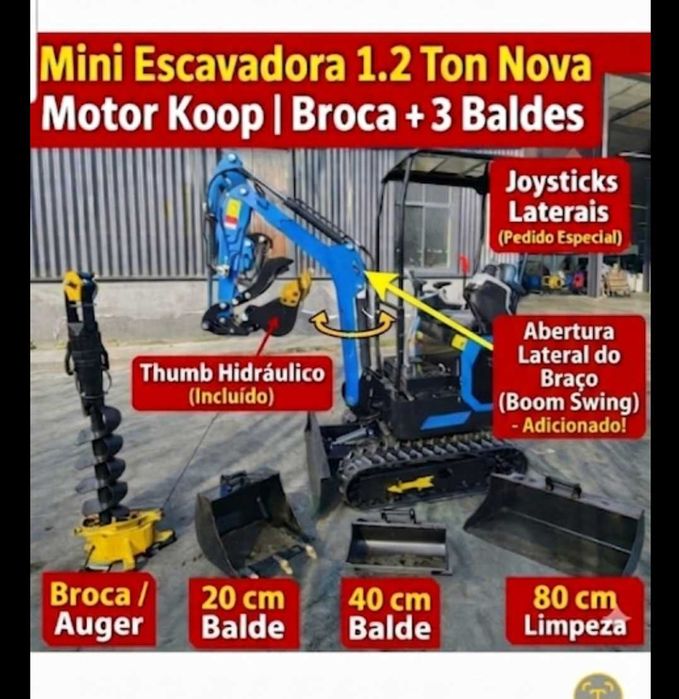 Mini Escavadora 1.2T NOVA  Boom Swing + Broca + 3 Baldes