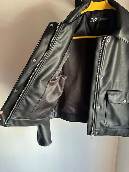 casaco cabedal Zara M blusao biker efeito pele mulher preto