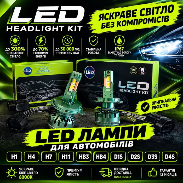 РАСПРОДАЖА!!! Премиальные LED лампы H1 H4 H7 H11 HB3 HB4 D1S D2S D3S D4S лед дампы автосвет