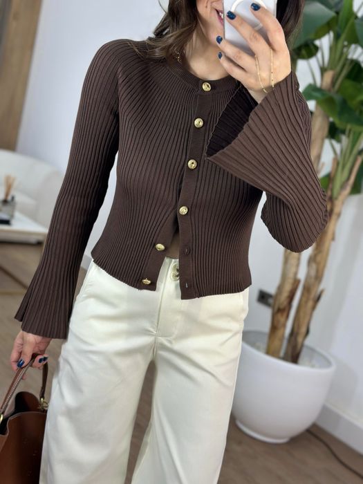 Шоколадний кардиган із золотою фурнітурою, кардиган шоко на ґудзиках