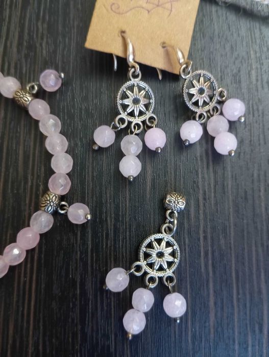Срібний комплект рожевий кварц сережки підвіска браслет набір срібло