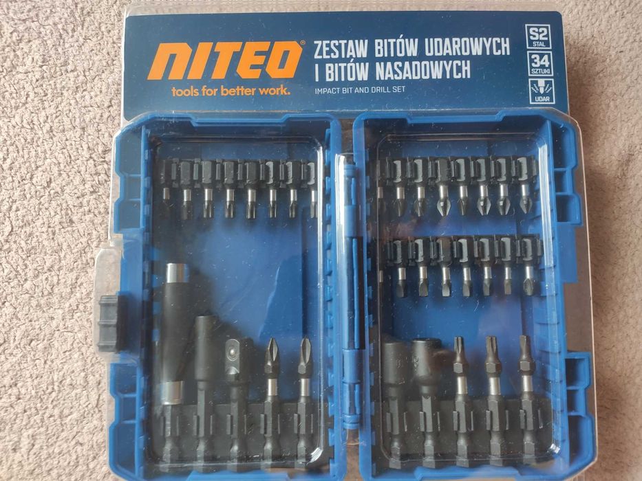 Zestaw bitów udarowych i nasadowych Niteo Tools 34 szt. oraz 42 szt.