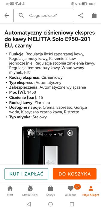 Ekspres do kawy Melitta Solo E950-201 stan bardzo dobry