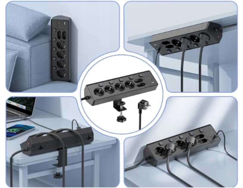 Listwa Zasilająca Kemelo 9w1 USB C 30W PD 3680W 4X SCHUKO KĄTOWA