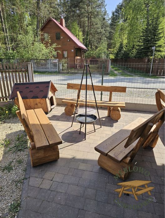 Zestaw 3 ławek ogniskowych z drewna olchowego + stoliki – 2m | Solidne i stylowe | TRANSPORT GRATIS!