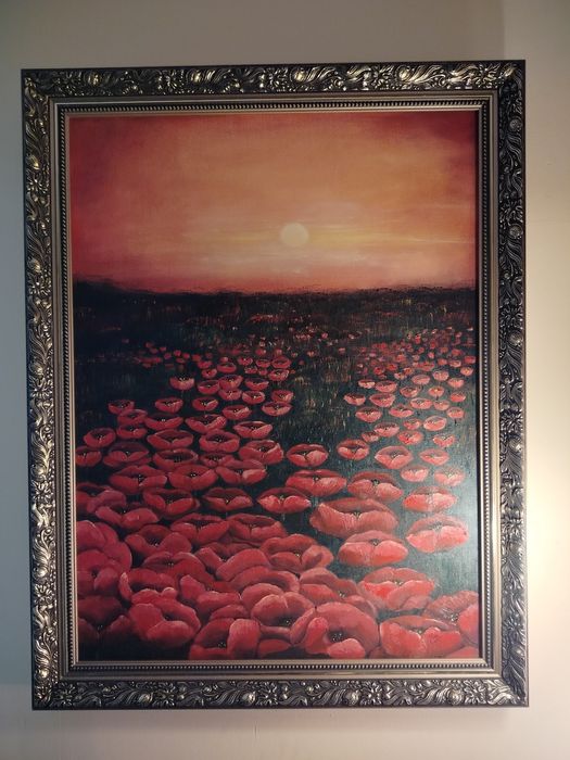 Duży obraz olejny "Pole maków" w pięknej złotej ramie - 90/70 cm