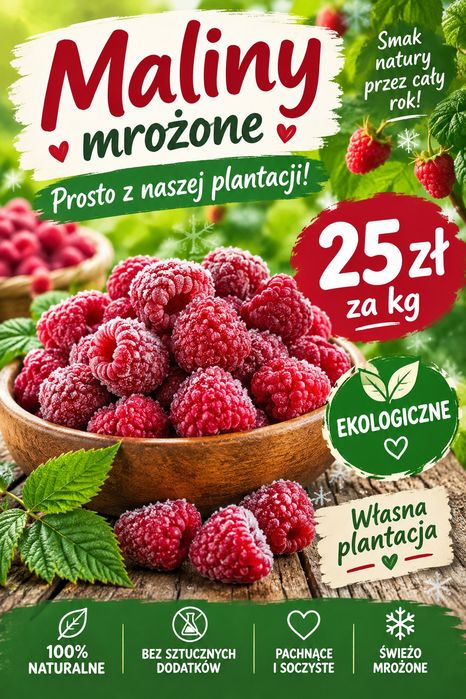 Maliny mrożone Polana duże słodkie owoce
