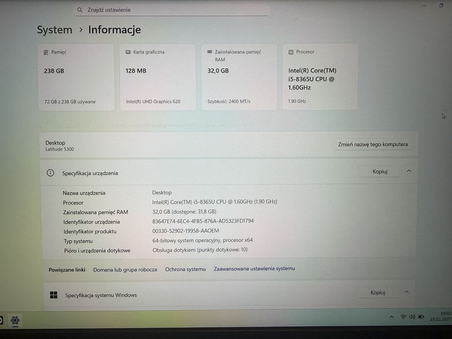 Laptop Dell Latitude 5300 Dotykowy Ekran 32GB RAM i5-8365U Windows 11