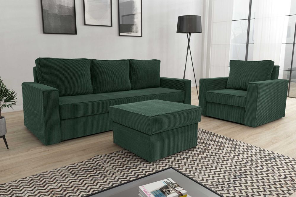 Zestaw komplet wypoczynkowy kanapa fotel pufa Sofia. Sztruks, sprężyny