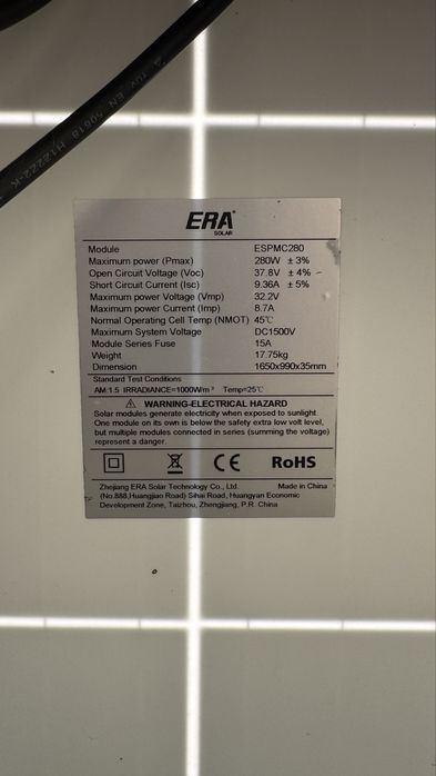 5 Painéis Solares 280W – ERA Solar – Excelente Oportunidade