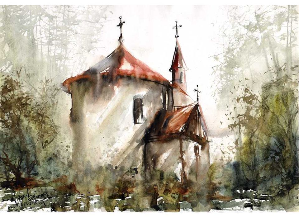 "OPUSZCZONY KOŚCIÓŁ 2 " 40x30 oryginalna akwarela